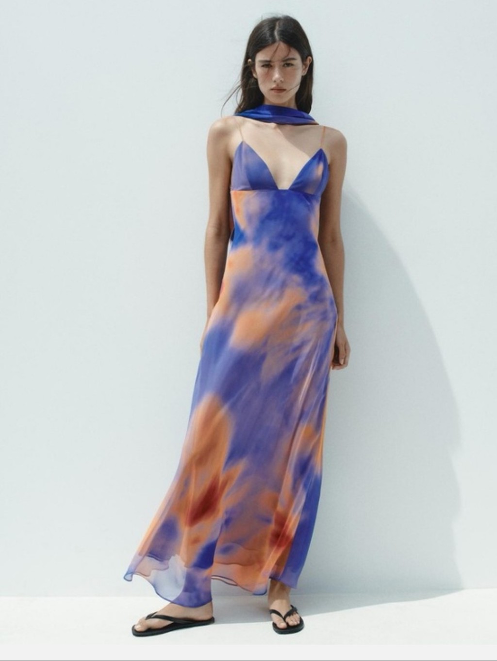 Nwt Zara Foulard Purple Blue And Orange Slip Maxi Dress With Scarf *As Is*
